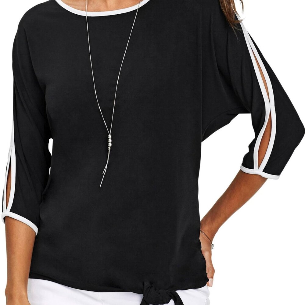 FRANK LYMEN CHIC Nautical Cruise Summer Navy White 3/4 sleeve blouse Sz 10 VGUC